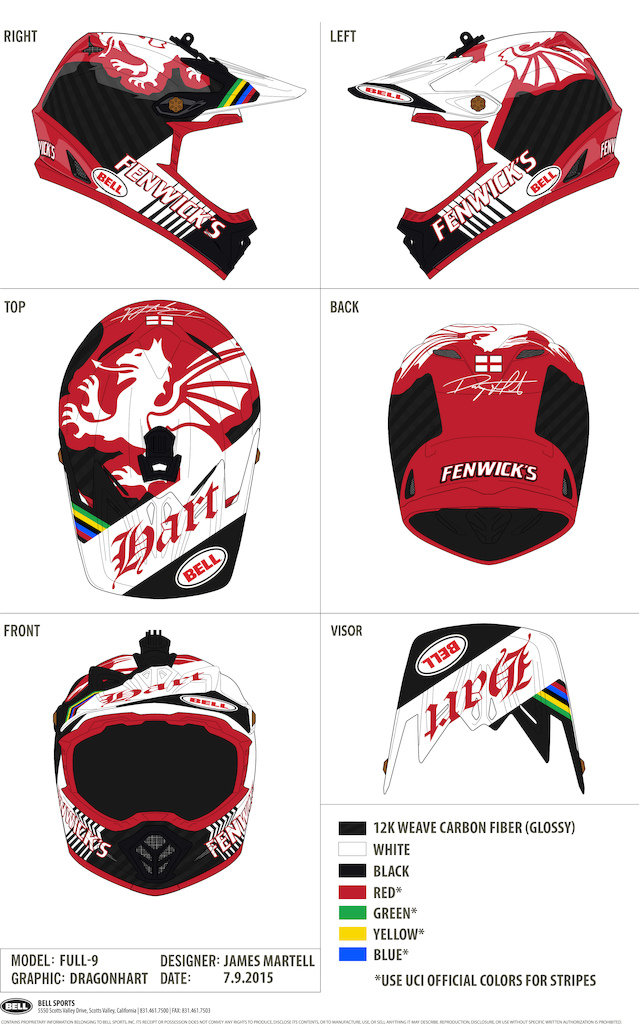 Influenced by English themes, specifically the White Dragon flag, my design reflects the home colors of the great English rider. The goggles strap placement was also taken into account when creating the graphic layout of this helmet.