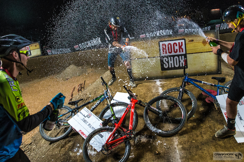 Champaign showers for the mens podium at Les 2 Alpes Pump Track Challenge Presented by Rockshox during Crankworx.(Photo by clint trahan/crankworx)