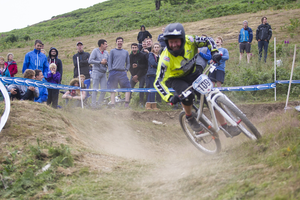 Putting the National Champs along side a BDS round was such a good idea. Here you ve got a bunch of downhill riders witnessing there first 4x race As you can see by their faces they re clearly having a good time during The Schwalbe British 4X National Championship at Moelfre Hall Moelfre United Kingdom. 11July 2015 Photo Charles Robertson