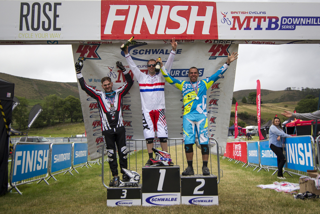 Your Male elite Podium Alex Metcalfe 3rd Scott Beaumont 1st Nathan Parsons 2nd during The Schwalbe British 4X National Championship at Moelfre Hall Moelfre United Kingdom. 11July 2015 Photo Charles Robertson