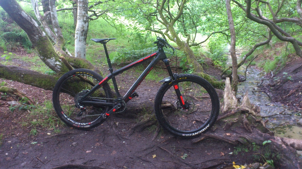Dartmoor Hornet custom painted with a Rockshox Pike RCT3 with maxle stealth and a Reverb Stealth, Hope Tech E4 brakes and the FR stem and seat clamp, Sram 2015 X01 11speed with the new direct mount chain ring, Sram 2015 X0 hubs, Stans ZTR FLOW EX 2015 on rear, Enve DH carbon handlebar, ESI grips, Shimano XTR 9020 trail pedals, Selle Italia SLR Titanium seat, Maxxis Tires, MRP AMG chainguide, Garmin Edge 510 gps......