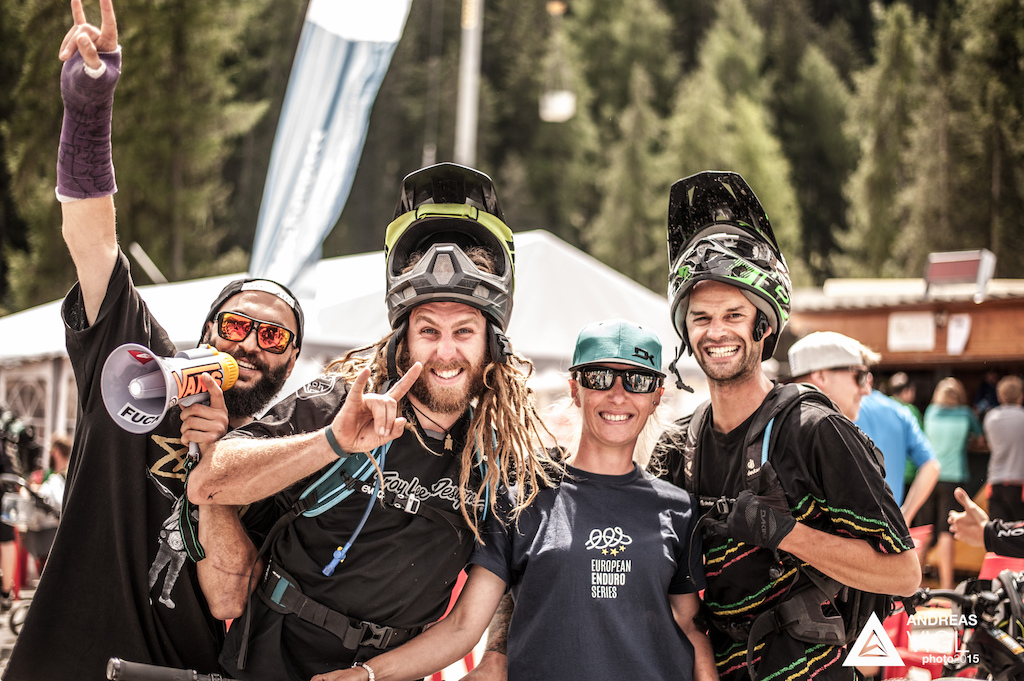 Racers in the finish area during the 3rd stop of the European Enduro Series at Reschenpass, Austria, on July 26, 2015. Free image for editorial usage only: Photo by Andreas Vigl