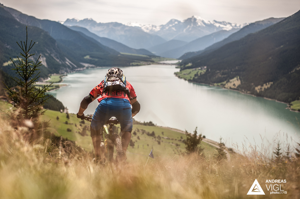 A competitor races down the stage No. 5 during the 3rd stop of the European Enduro Series at Reschenpass, Austria, on July 26, 2015. Free image for editorial usage only: Photo by Andreas Vigl