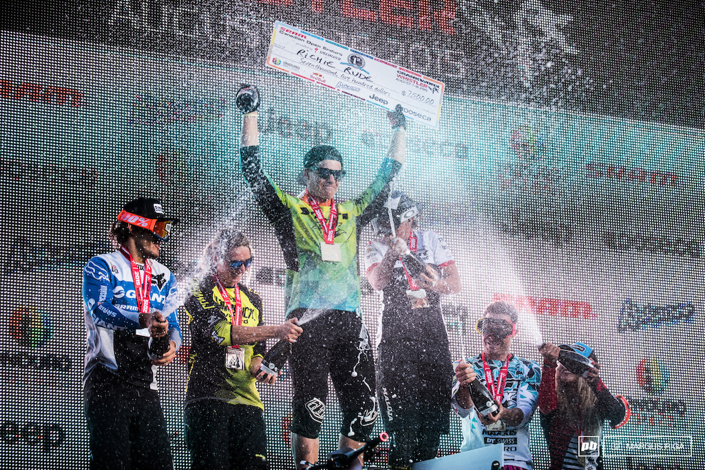 EWS winners podium from left Yoann Barelli Cecille Ravanel Richie Rude Tracy Moseley Jared Graves Isabeau Courdurier.