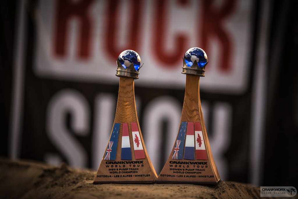 The Pumptrack world champion trophies during the Ultimate Pump Track Challenge presented by RockShox at Crankworx, Whistler in British Columbia. (Photo by clint trahan/crankworx)