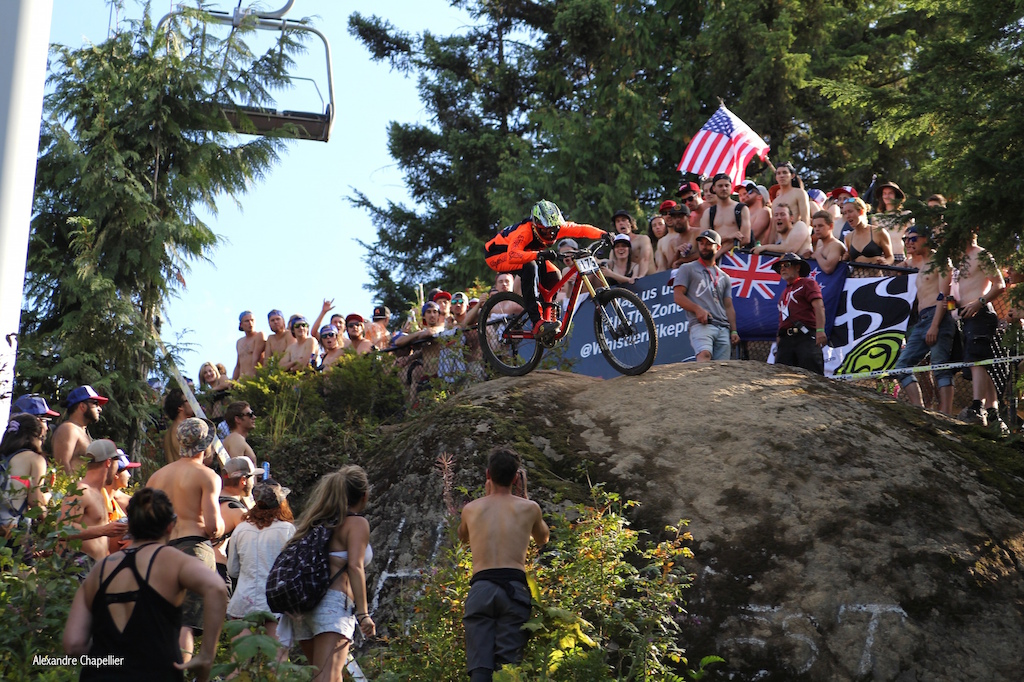 Canadian Open DH - Dakotah Norton being aerodynamic on Heckler's rock, I don't know if he was avoiding air, or beer