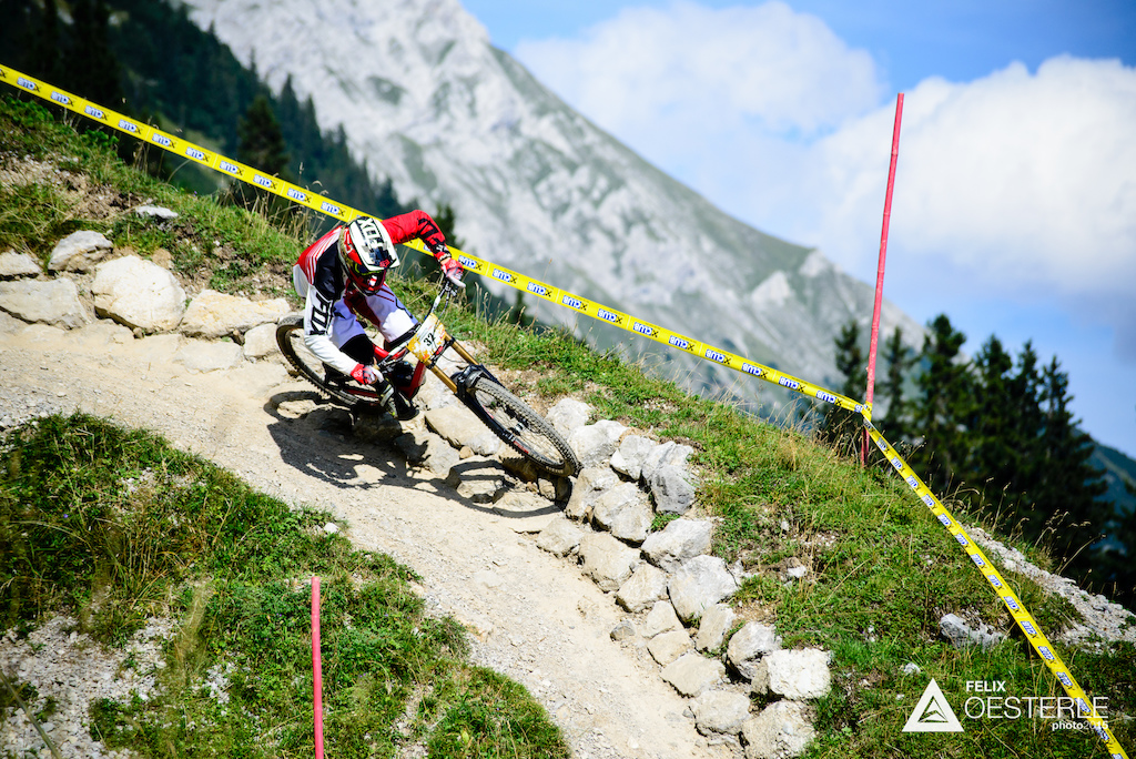 ENGEL Pascal (AUT) races down the downhill track on the Nordkette Singletrail during the Nordkette Downhill.PRO in Innsbruck, Austria, on August 29, 2015. Free image for editorial usage only: Photo by Felix Oesterle.