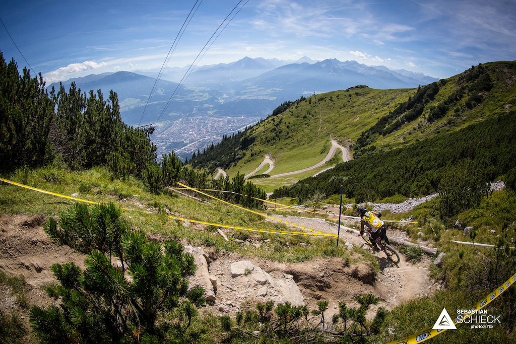 Robert Wuchere of Austria during training for the Nordkette Singletrail during the Nordkette Downhill.PRO in Innsbruck, Austria, on August 29, 2015. Free image for editorial usage only: Photo by Sebastian Schieck.