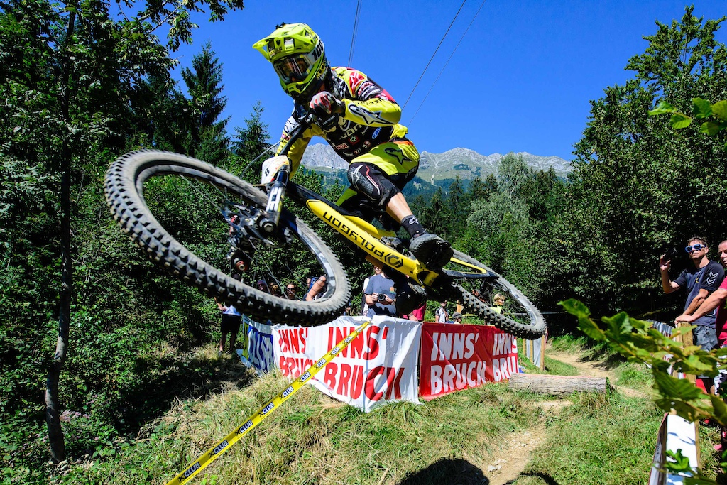 NEETHLING Andrew (RSA) races down the downhill track on the Nordkette Singletrail during the Nordkette Downhill.PRO in Innsbruck, Austria, on August 29, 2015. Free image for editorial usage only: Photo by Felix Oesterle.