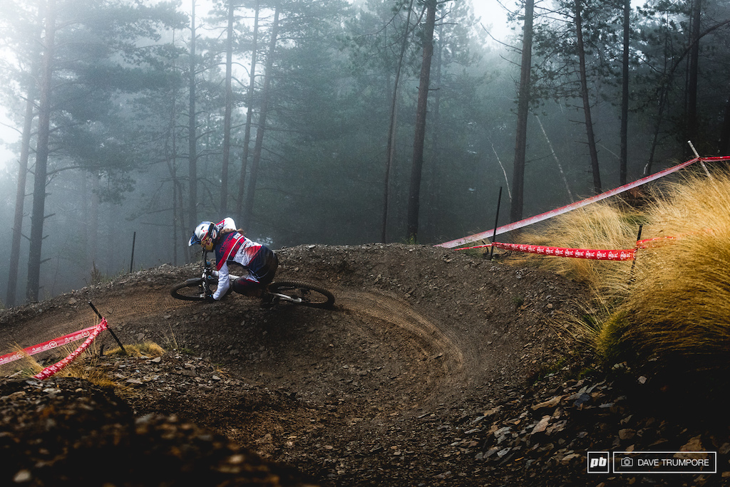 The rain eased as Rachel Atherton and the rest of the women took to the track for practice, but the fog still hung heavy in the woods.