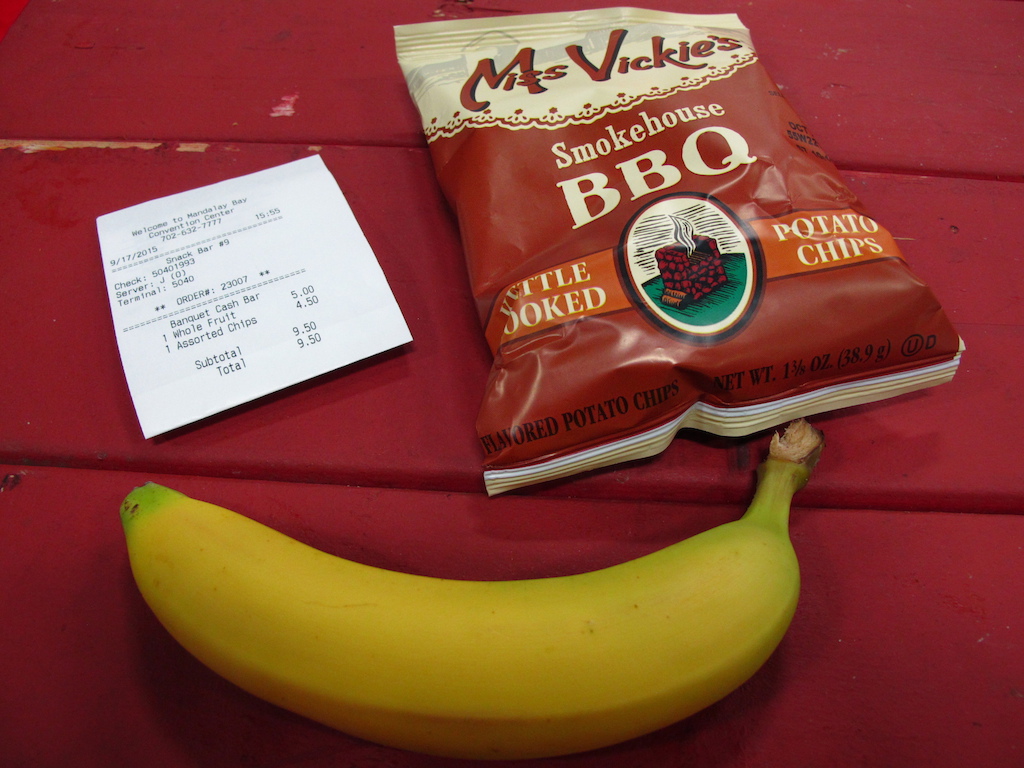 Ever wonder what you can buy for $10 in Vegas? Turns out a Banana and snack sized chips will eat up most of your cash and leave you with 50 cents (which buys nothing in Vegas).