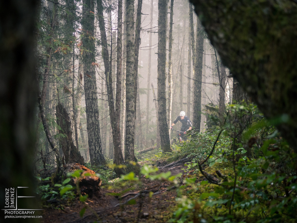 Enduro mountain bike race in Cumberland, BC. Comox Valley, Vancouver Island, British Columbia.