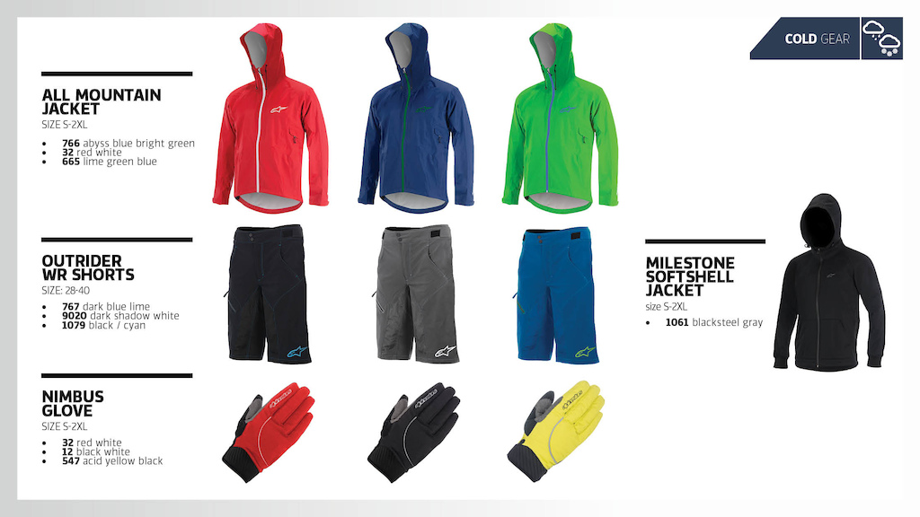 ALPINESTARS LAUNCHES 2015 FALL CYCLING COLLECTION

All Mountain Jacket MSRP $199,95 / 199,95 €
Outrider Shorts MSRP $129,95 / 119,95 €
Milestone Jacket MSRP $129,95 / 119,95 €
Nimbus Glove MSRP $54,95 / 54,95 €
