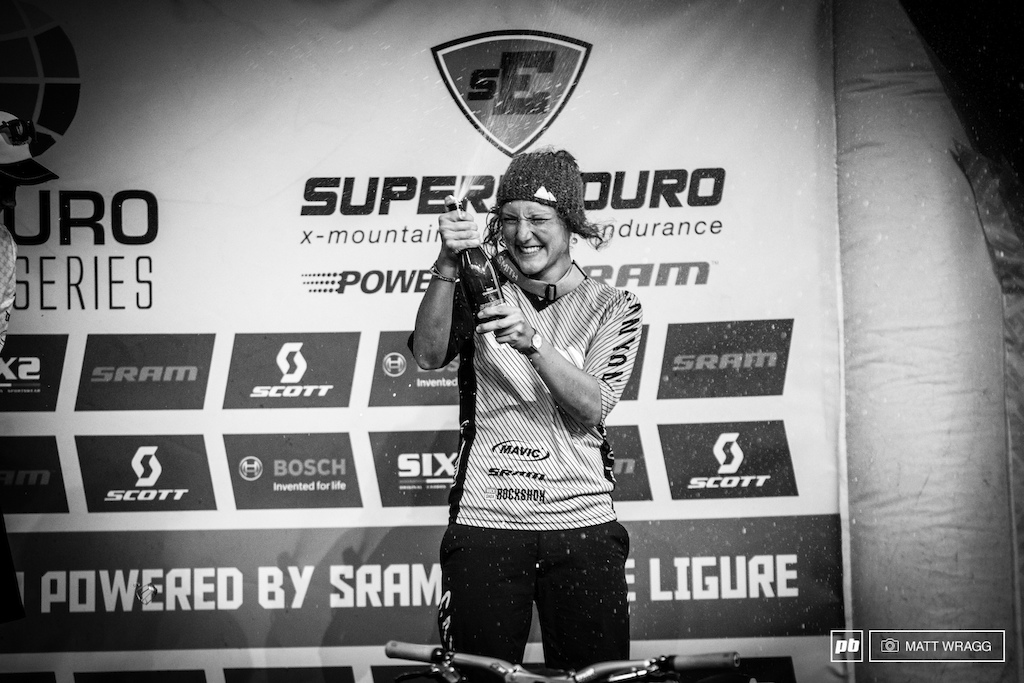 Ines Thoma clearly needs more practice on the podium - getting her champagne opening technique dialled...