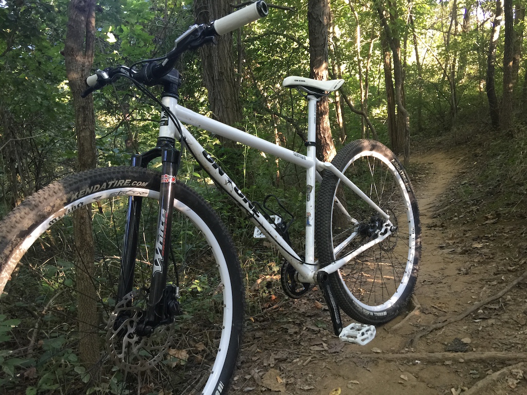 Trail is Chestnut Ridge in Ohio.


* Frame: On-One Inbred 29er SS
* Fork: Whit Brothers Carbon 29er
* Stem: Race Face Respond
* Bars: On-One Oversized Risers
* Grips: On-One Bob On Lock-On
* Headset: Cane Creek 40-Series External
* Seatpost: One One Twelfie
* Seat: One One Big Nose
* Seatpost Clamp: On-One Seatclamp
* Crankset: Race Face Evolve SS (34t, 16t cog)
* Brakes: Shimano SLX BR-M675, BL-M675
* Rotors: Shimano SM-RT66 SLX
* Wheels: Azonic Outlaw 29er
* Tires: Kenda Small Block 8