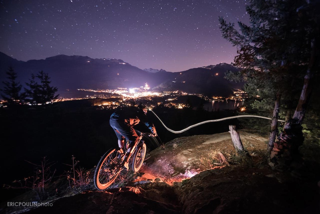 Night rides are the best; you get out with your buds while everyone is sleeping or at the bar, you get an amazing view (if you go high enough), and your light gives you just enough illumination to ride turn by turn. I wanted to convey that with this shot.