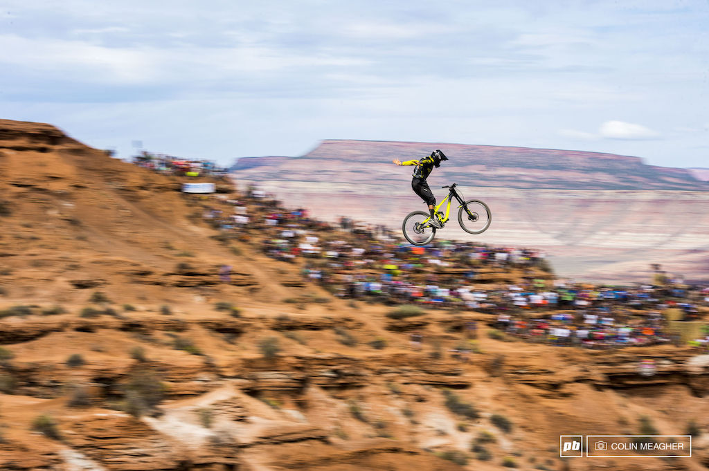 Another DH racer with Rampage chops: Remi Metailler throwing the suicide no-hander across the canyon gap.