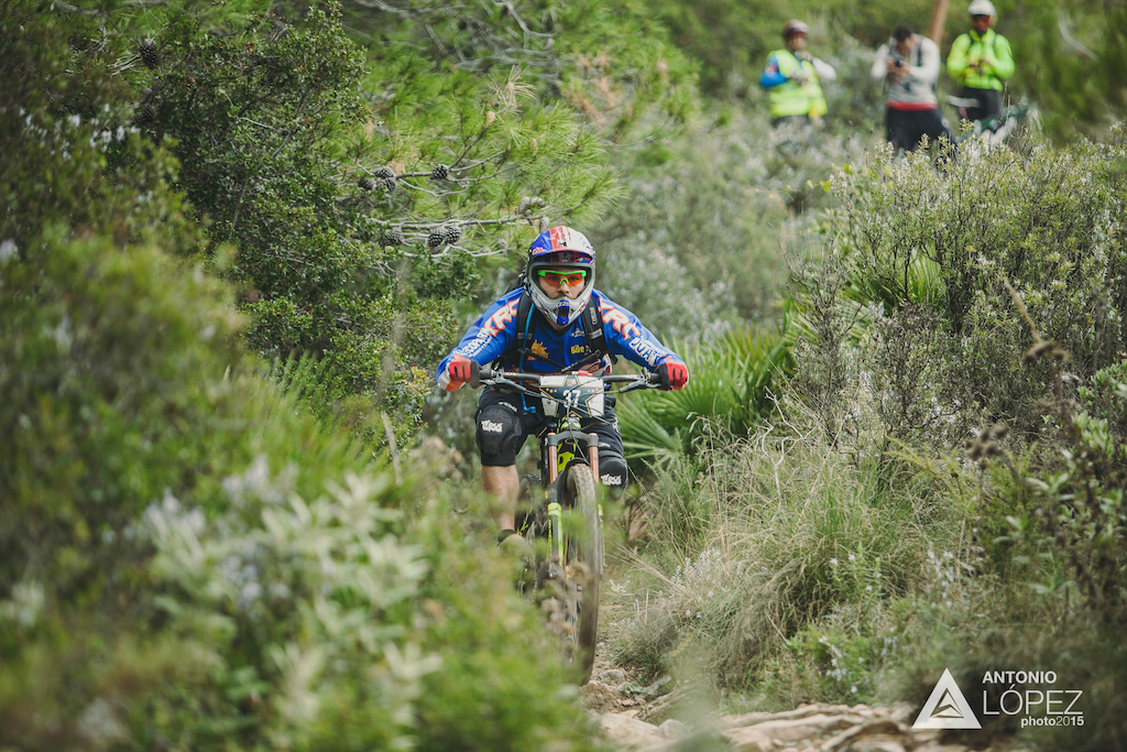 David Agua from Spain races down stage 4 for during the practice for the 5th stop of the European Enduro Series at Malaga / Benalmadena, Spain, on October 17, 2015. Free image for editorial usage only: Photo by Antonio Lopez