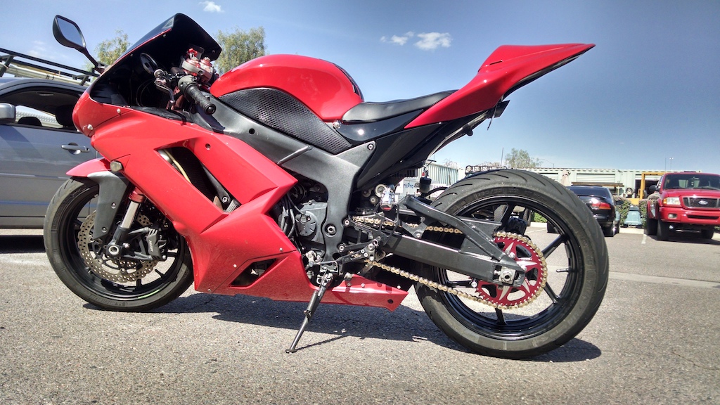 For anyone wondering what happened to my Camaro, after I sold my banshee and went off doing dump stuff with my car, my Camaro quickly gained a lot of custom parts which put it at over 800 horsepower, then I had kids and it had to go. 
Now I only have this (for speed that is). 
2008 zx6r, carbon intake/airbox, aftermarket throttle bodies, port and polish, wsb Kawasaki team camshafts, high compression 16.2:1 pistons, egr block off, flashed/tuned ecu and custom transmission work that doesn't require the use of a clutch once moving. 599cc's smashing out over 155hp in a 297lb (wet) bike. But its not enough so I'll be starting over and building up a zx10r in February. :)
