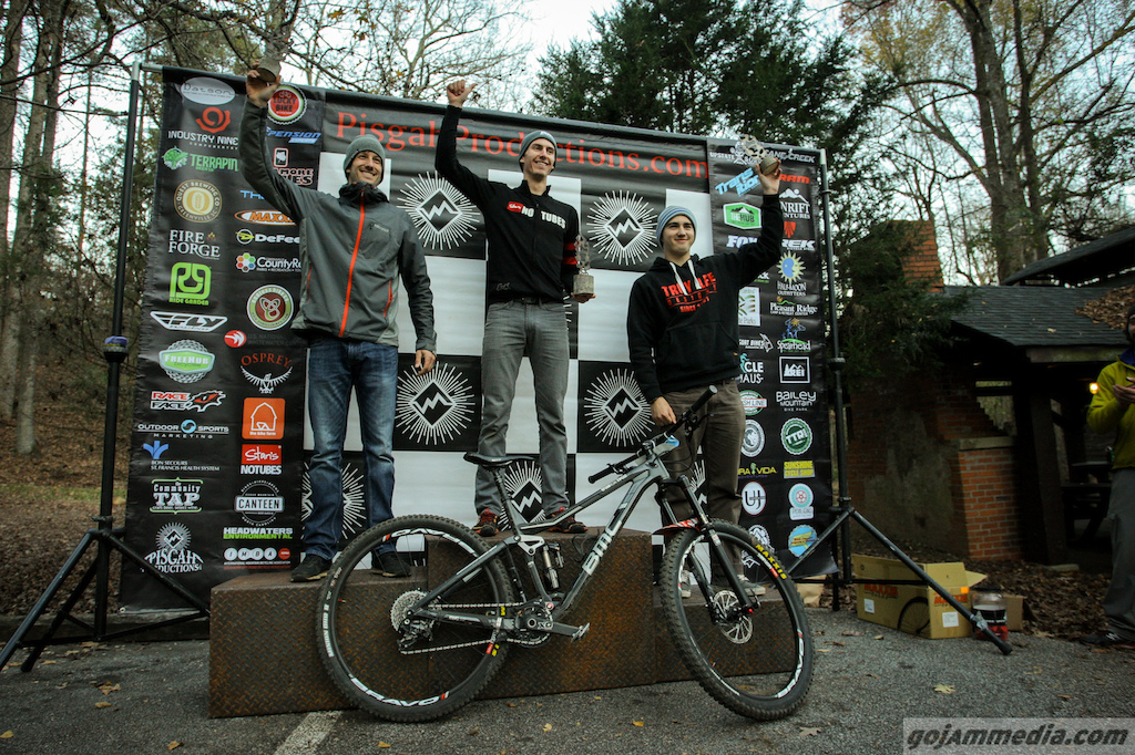 The Men's Expert/Pro Podium for the Wild Turkey Enduro. Gold - Derek Bissett 0:18:23 and pulled the Two-fer for the weekend, Silver - Christoper Herndon 0:18:34, Bronze - Luca Shaw 0:19:01.