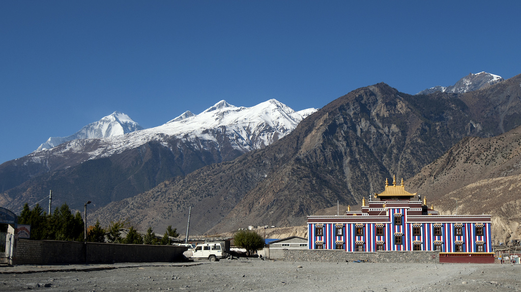 Dhaulagiri, one of the tallest mountains in the world stands tall above this desert monastery.