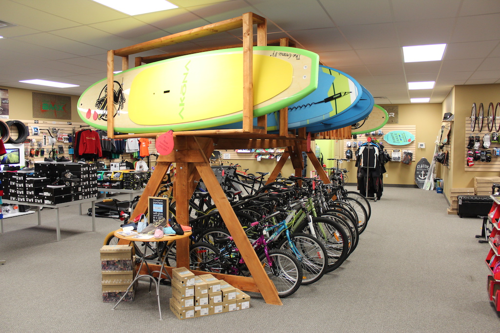Stand Up Paddle Board Display at 360 Bikes n' Boards in Goderich.
