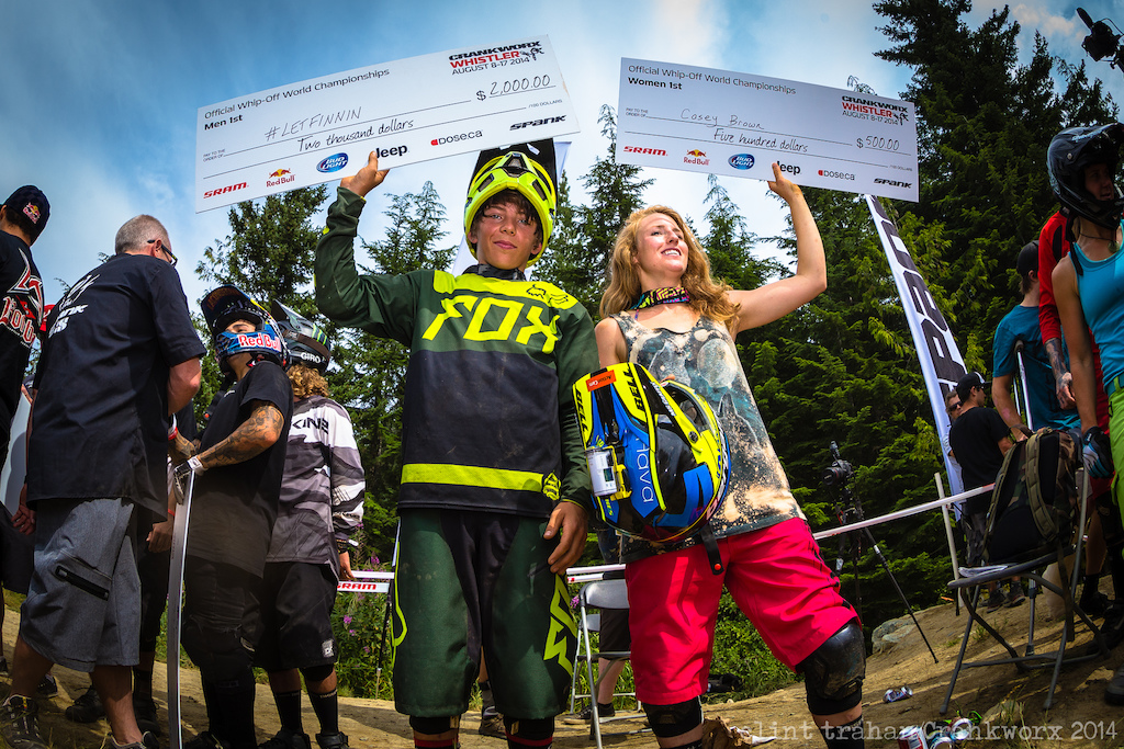 Finn Iles and Casey Brown take their moment in the sun after winning the Official World Whip-Off Championships. (Photo by Clint Trahan/Crankworx)