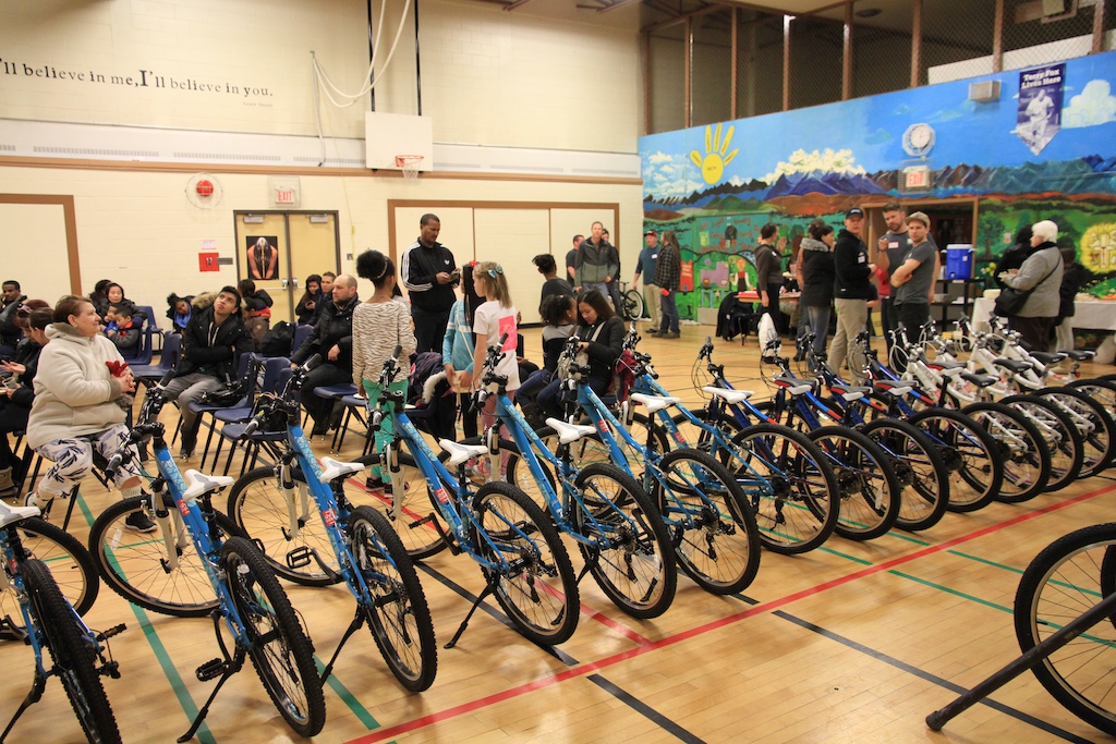 Share the Ride Foundation hosted at the Sacred Heart Elementary School in DT Calgary.  21 kids received new bikes from Giant, helmets from Kali and locks from Abus..