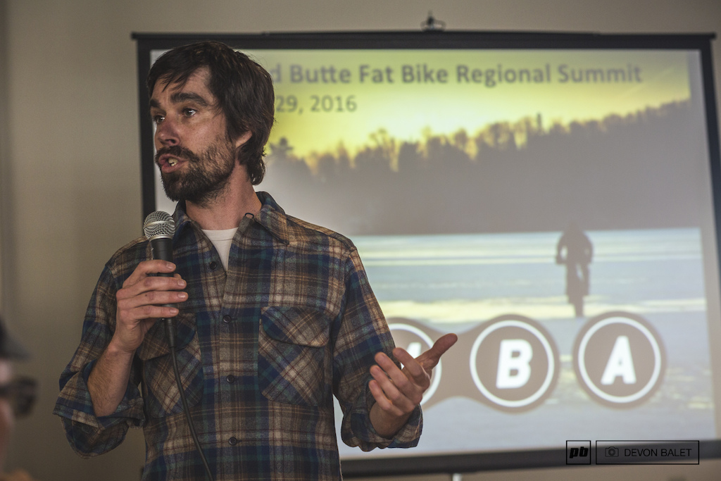 IMBA Regional Director Jason Bertolucci addresses the Summit attendees on IMBA guidelines for fat biking.