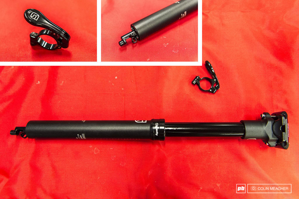 FSA is taking the plunge into the realm of the dropper post. No idea on the internals of this new stelath post from them other than an air spring for the return and a bar mounted remote lever. Typical sizes: 30.9 and 31.8 diameters, 100 and 125 lengths. Reported weight is 738 grams, so evidently the fat lady has now sung on the dropper post opera--this is one of the heaviest posts currently on offer, although the FSA peeps are clever and will likely cut that weight down on the next rendition. Ballpark this one in at around $300 USD, according to FSA people setting up their booth.