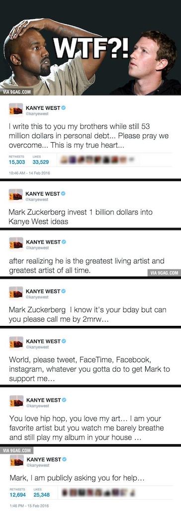 Kanye West reveals he’s $53 million in debt, asks Mark Zuckerberg for money.