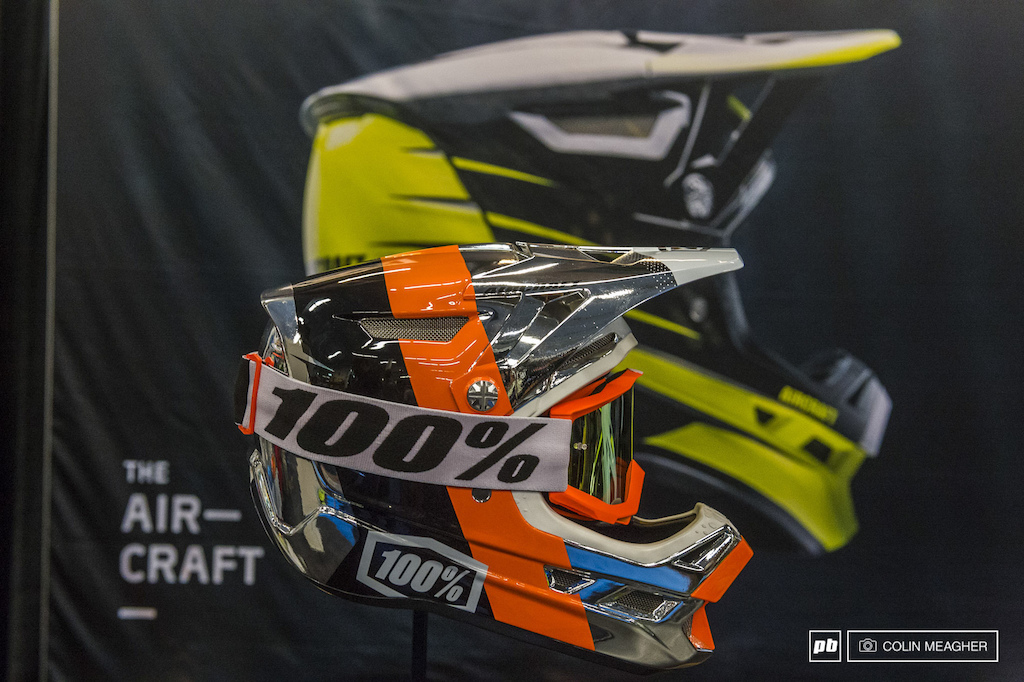 100 had their new Air Craft colors on display. Of particular note was this orange chrome version of their carbon fiber helmet. There s a red chrome version too. Both are limited edition lids and are about 2 weeks our from delivery get em whle you can.