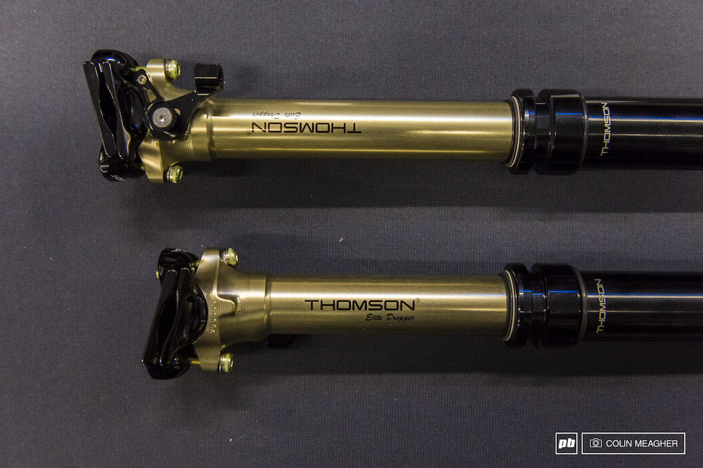 LH Thomson continues their march into the dropper post category with their new 100 mm dropper the bottom post pictiured obviously the upper one is their standard 125mm dropper . Not available for show but in final pre-production stages is a 150mm dropper as well. Available in both external and stealth routing with an MSRP of 449.95 to 479.95. Weights vary by seatpost diameter but ballparks at around 590 grams plus or minus a bit depending on housing etc.