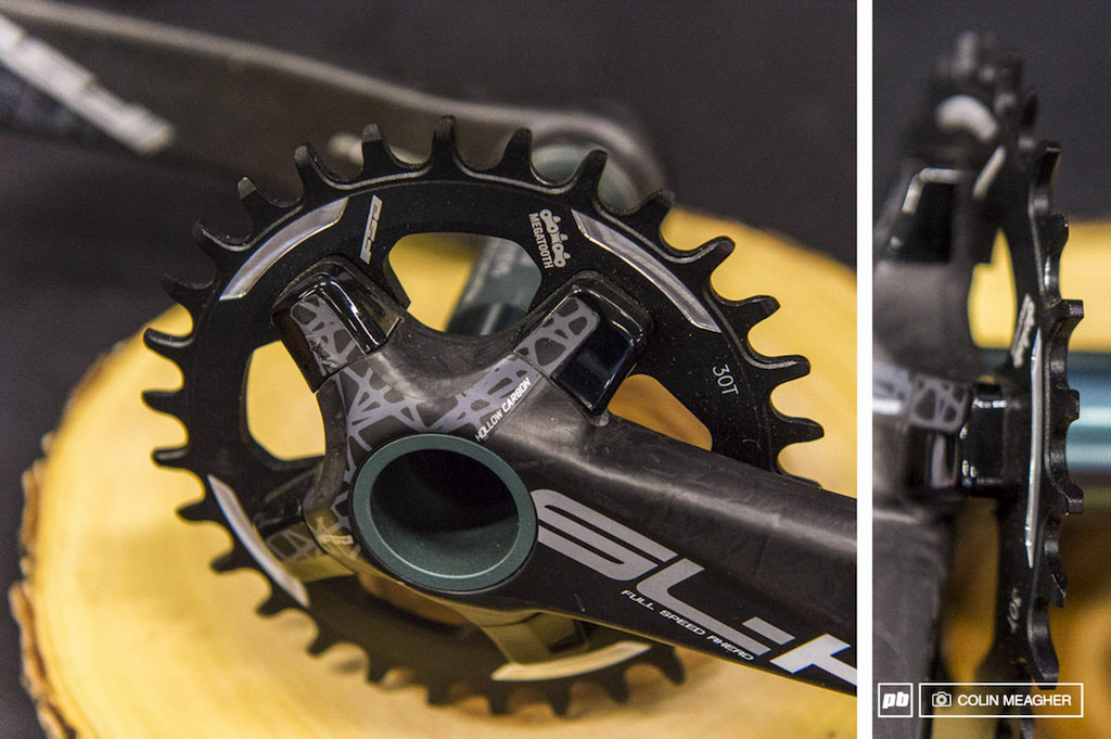FSA also had these swanky carbon cranks on offer with their SLK 1X option on show mounted with their 30T megatooth 7075 aluminum single ring. This crankset ballparks in at 438 grams plus the ring weight rings are available in 26T-38T sizes and cranks are available in 170 and 175 lengths. No pricing was available but historically an FSA crankset like this would retial for about 700 USD.