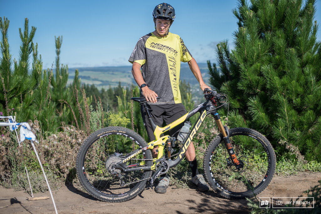 Sam rides a Norco Range on fox with Schwalbe tyres.