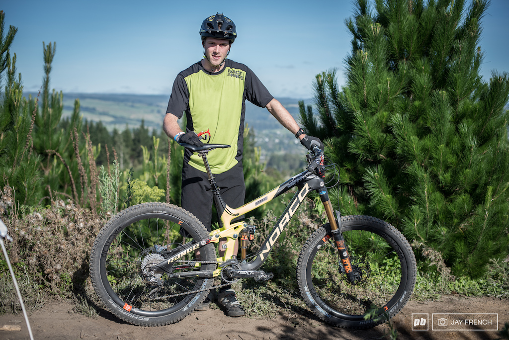 Harry rides a Norco Range on fox with Schwalbe tyres.