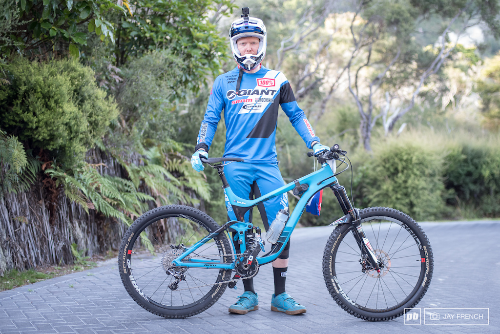 Josh rides a Giant Reign on Rockshox and Schwalbe tyres.