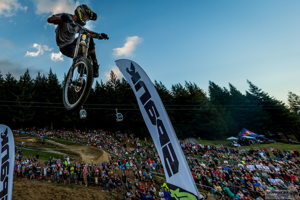 Ryan Howard's amplitude and unbelievably sideways whip was just enough to secure him a second win in the Official Oceania Whip-Off Championships presented by SPANK. He is currenlty undefeated in the Crankworx Rotorua event.  (Photo by Clint Trahan/Crankworx)