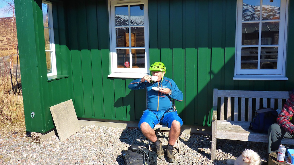 Enjoying a cuppa at Corrour station.