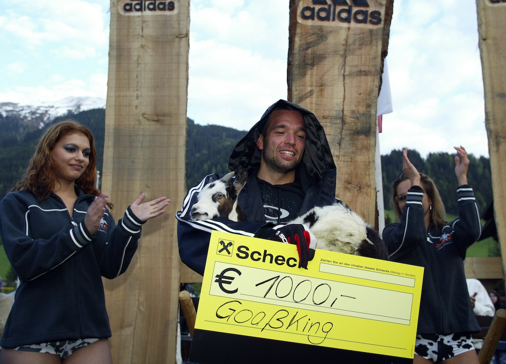 Timo Prtizel, the Goat King, with his prize at the Saalbach slopestyle 2004.

PHOTO by Markus Greber
