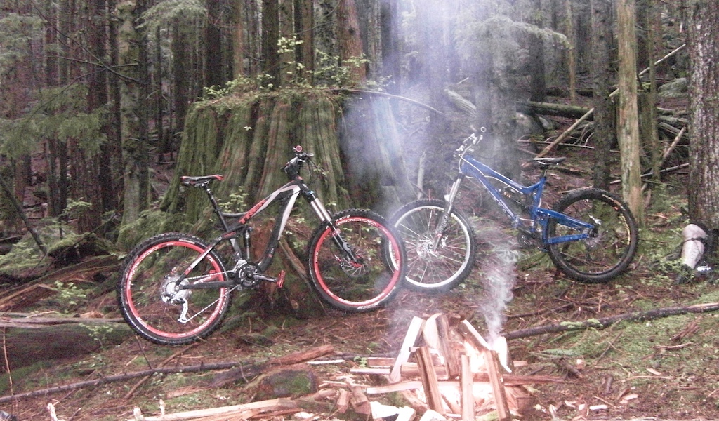 cold, wet day to build quasi-wall ride on EBD... with JK, JJ, Tim &amp; Warren... circa 2012. Needed that fire!