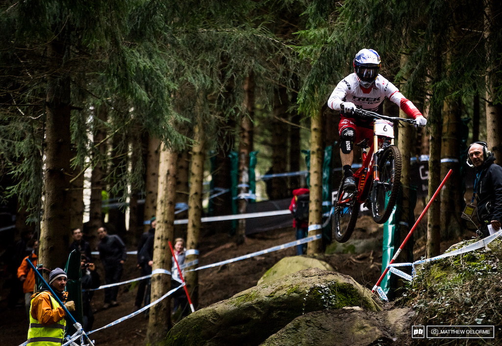 Gee Atherton hucked the rock drop clearing all the gnarled roots below. Gee qualified third.