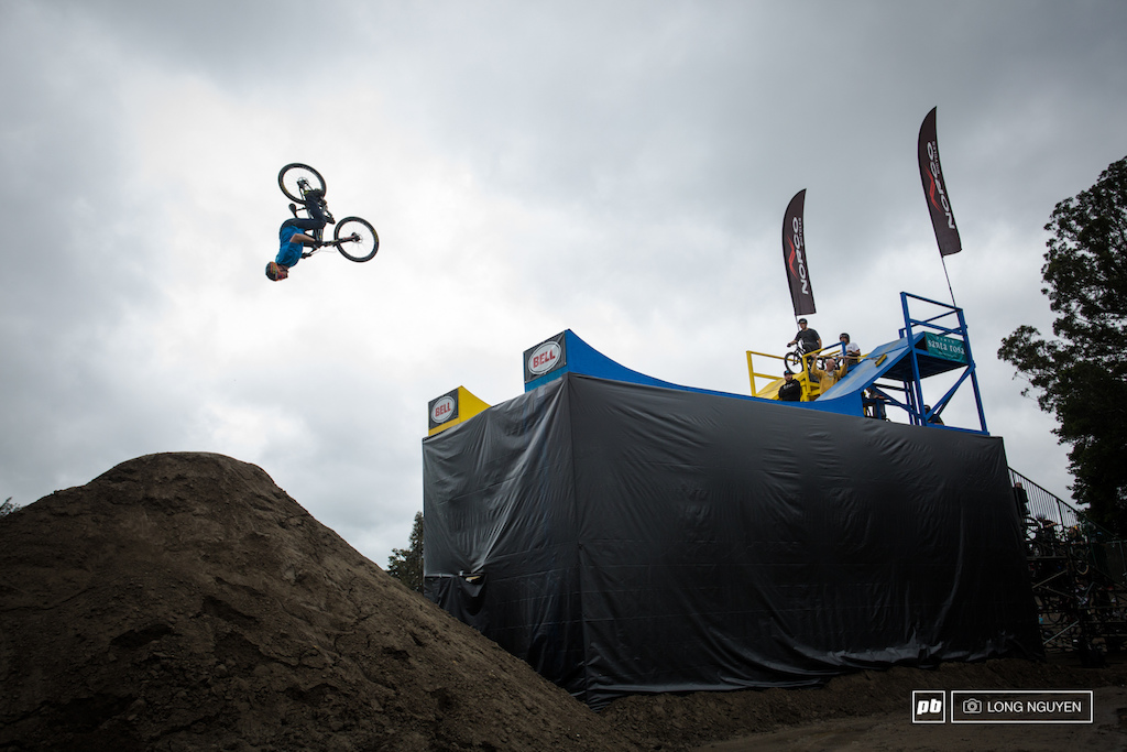 Greg Watts flipping off the drop during qualifying.
