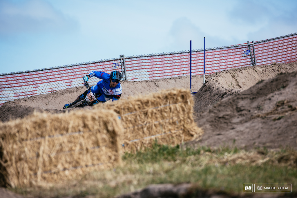 McKay Vezina rounding out one of the classic berms on the Sea Otter dual slalom course, which was also stage four of the enduro.