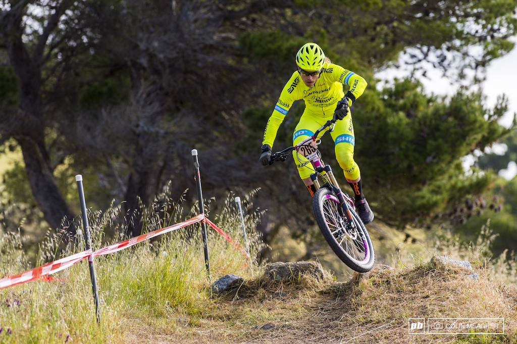 Enduro Jesus Marshall Eames throwing shapes on one of the features on stage one of the Enduro.