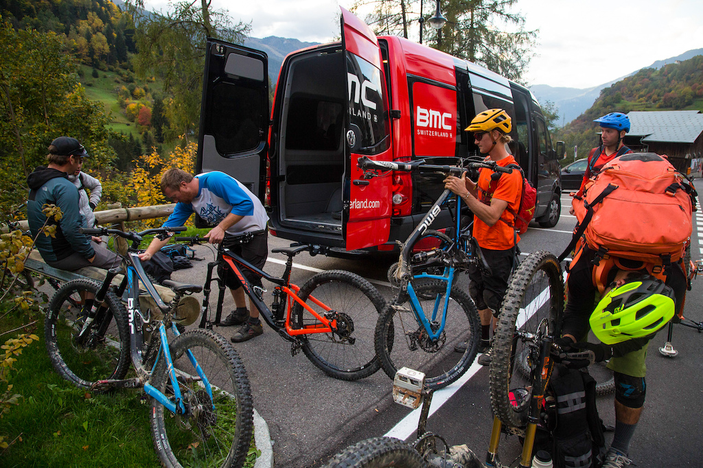 The sight of the BMC van was a welcome sight at the bottom of the incredible monster of a descent, "La Vallée Express" trail from La Chaux to Lourtier. Talk about hand pump! Ryan Dunfee photo.