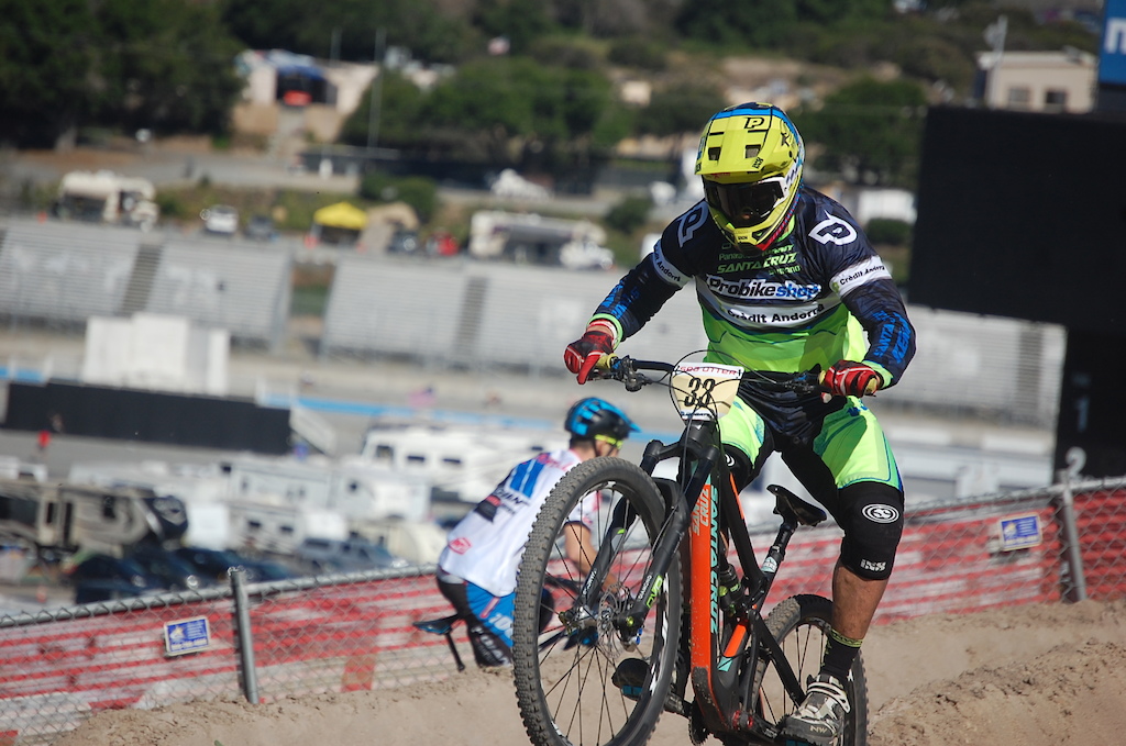 Cedric warming it up on the Sea Otter's Dual Slalom Course. This guy is a beast on  this course and DH course. Hard to believe he is 39 years old!! (39 years young!!)