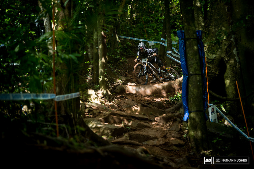 Full commitment required to navigate the second most treacherous sections of the course - the infamous alien tree. Japan's Yuki Kushima rode this one out.