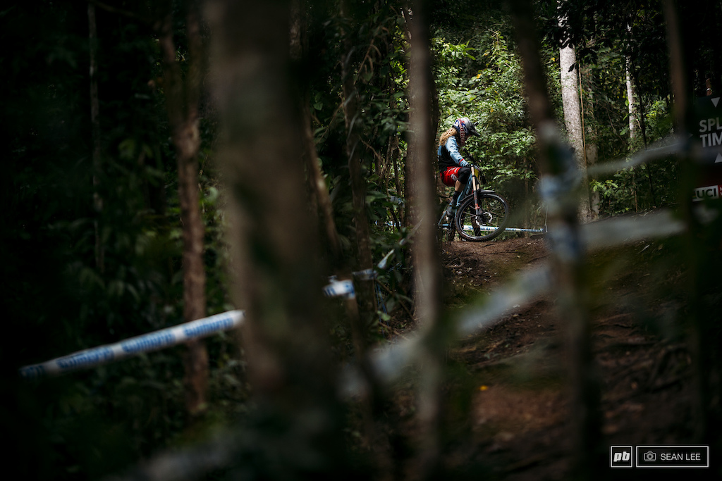 Rachel Atherton pauses to scope out the track early in the day.
