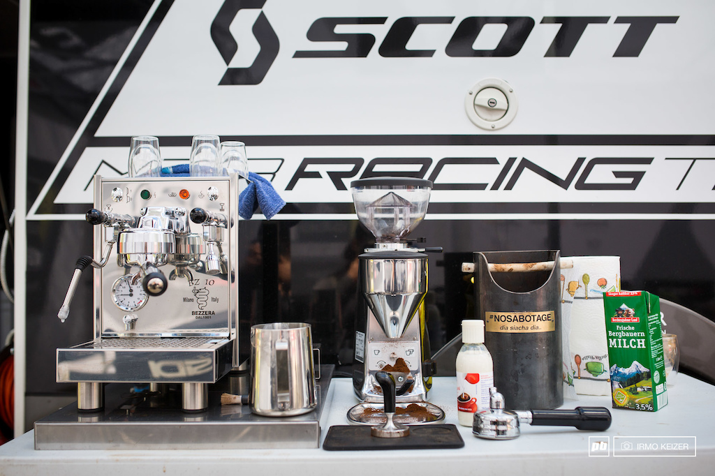 There's some real coffee heads among the World Cup riders and crew. This is Nino Schurter's setup.